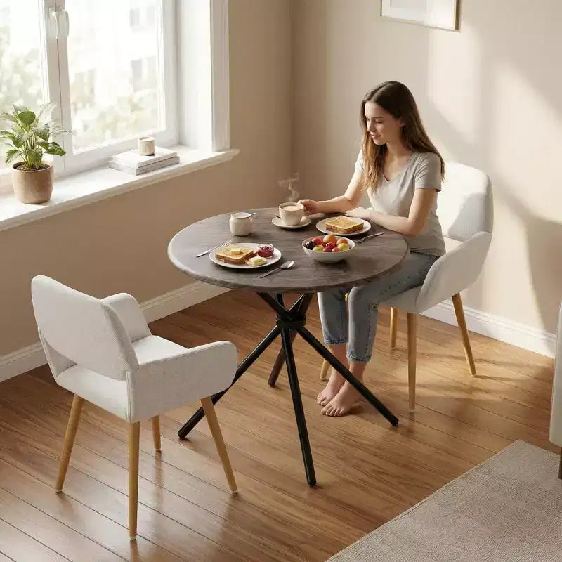 Ensemble de salle à manger rond 3 pièces beige pour 2 personnes, fauteuils rembourrés, cadre en métal