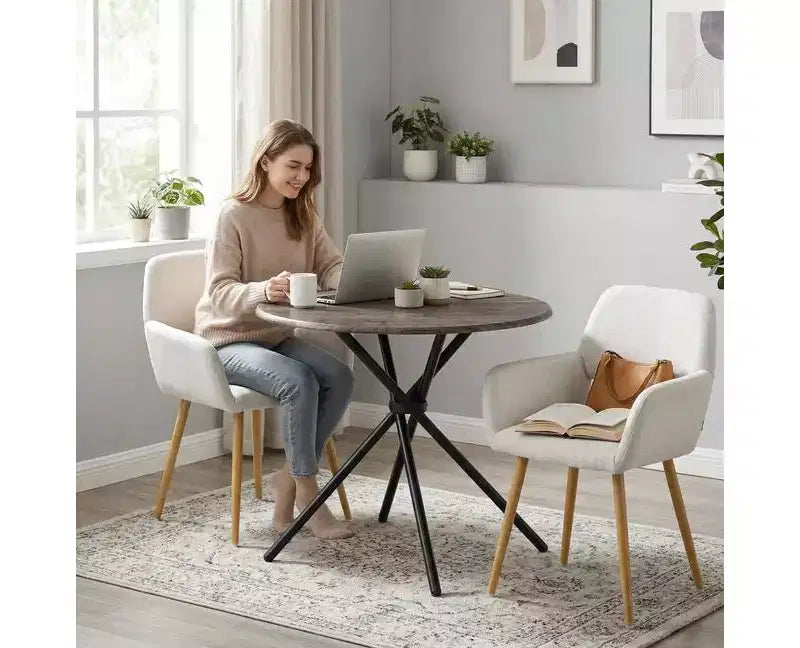 Ensemble de salle à manger rond 3 pièces beige pour 2 personnes, fauteuils rembourrés, cadre en métal