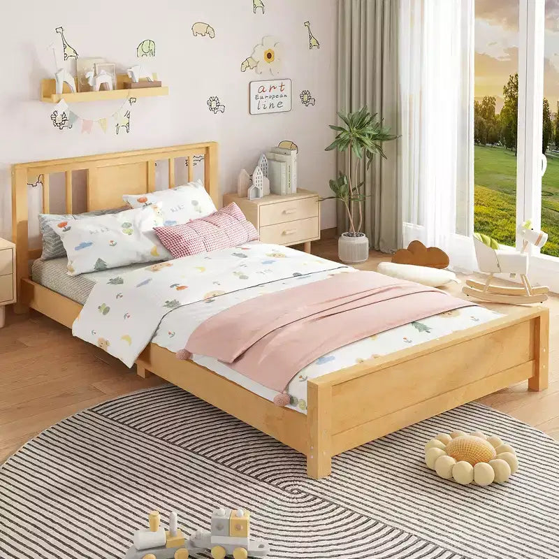 Bellemave Twin Platform Bed with Headboard, Solid Wood Low Profile Platform Bed Frame with Support Slats for Bedroom