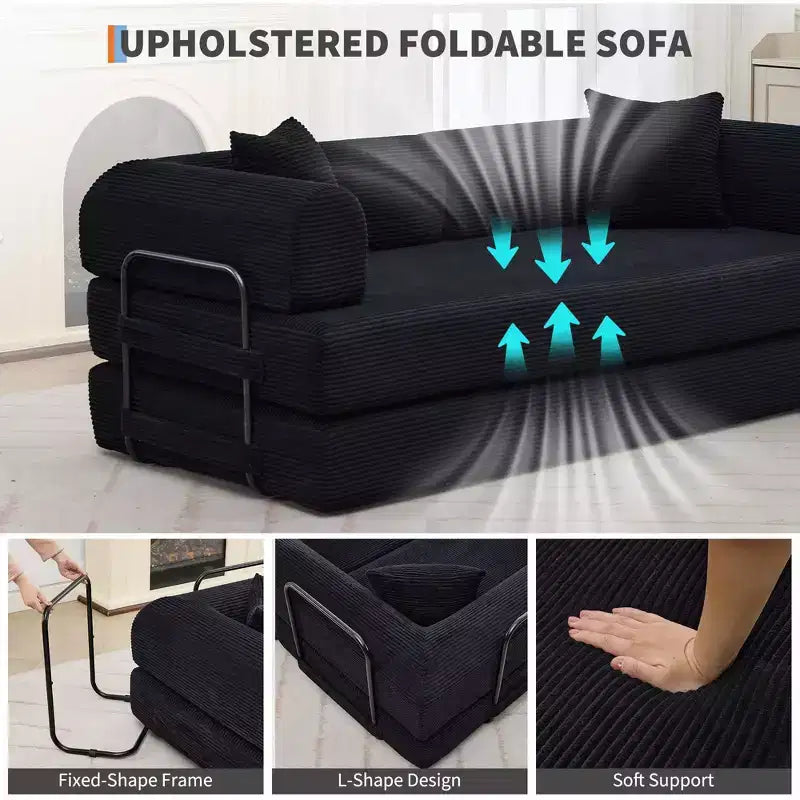 Canapé convertible en velours côtelé gris/vert, lit pliant 2 places avec dossier à oreillers
