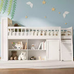 Lit mezzanine bas naturel/blanc avec tête de lit LED et rangement, grand lit/très grand lit, pour 1 personne