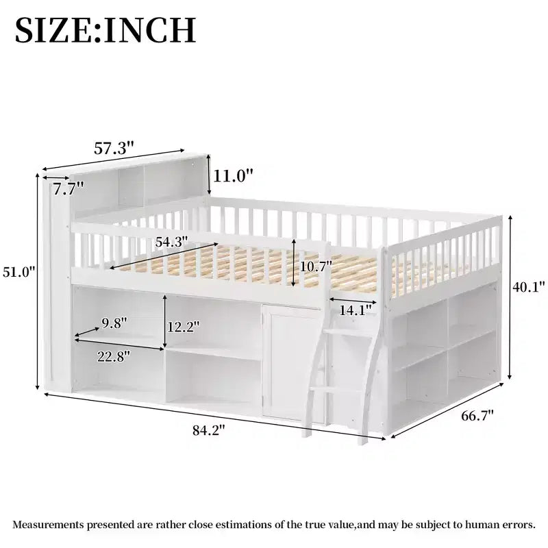 Lit mezzanine bas naturel/blanc avec tête de lit LED et rangement, grand lit/très grand lit, pour 1 personne