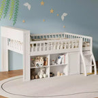 Lit mezzanine bas naturel/blanc avec tête de lit LED et rangement, grand lit/très grand lit, pour 1 personne