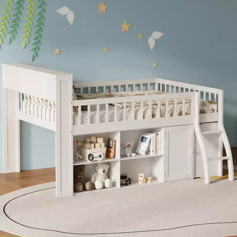 Lit mezzanine bas naturel/blanc avec tête de lit LED et rangement, grand lit/très grand lit, pour 1 personne