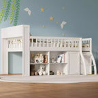 Lit mezzanine bas naturel/blanc avec tête de lit LED et rangement, grand lit/très grand lit, pour 1 personne