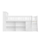 Lit mezzanine bas naturel/blanc avec tête de lit LED et rangement, grand lit/très grand lit, pour 1 personne