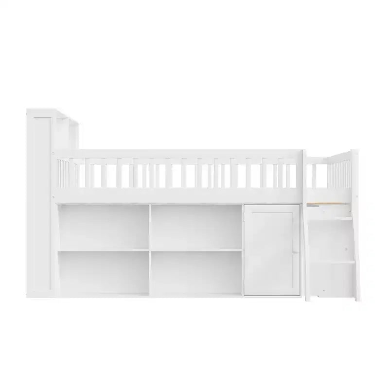 Lit mezzanine bas naturel/blanc avec tête de lit LED et rangement, grand lit/très grand lit, pour 1 personne