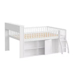 Lit mezzanine bas naturel/blanc avec tête de lit LED et rangement, grand lit/très grand lit, pour 1 personne