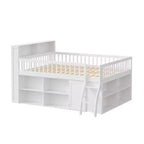 Lit mezzanine bas naturel/blanc avec tête de lit LED et rangement, grand lit/très grand lit, pour 1 personne