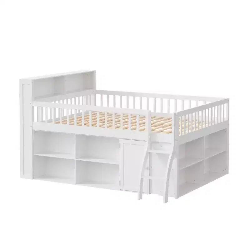 Lit mezzanine bas naturel/blanc avec tête de lit LED et rangement, grand lit/très grand lit, pour 1 personne