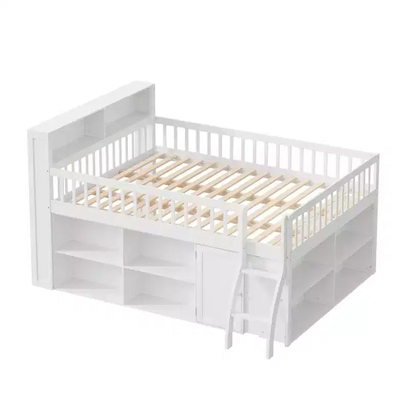 Lit mezzanine bas naturel/blanc avec tête de lit LED et rangement, grand lit/très grand lit, pour 1 personne