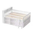 Lit mezzanine bas naturel/blanc avec tête de lit LED et rangement, grand lit/très grand lit, pour 1 personne
