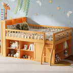 Lit mezzanine bas naturel/blanc avec tête de lit LED et rangement, grand lit/très grand lit, pour 1 personne