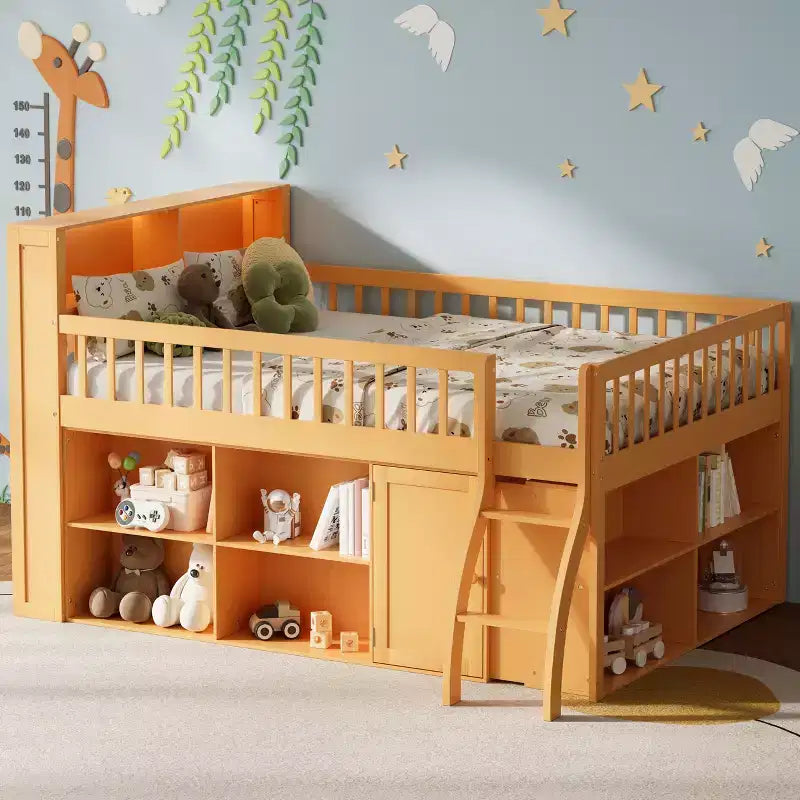 Lit mezzanine bas naturel/blanc avec tête de lit LED et rangement, grand lit/très grand lit, pour 1 personne