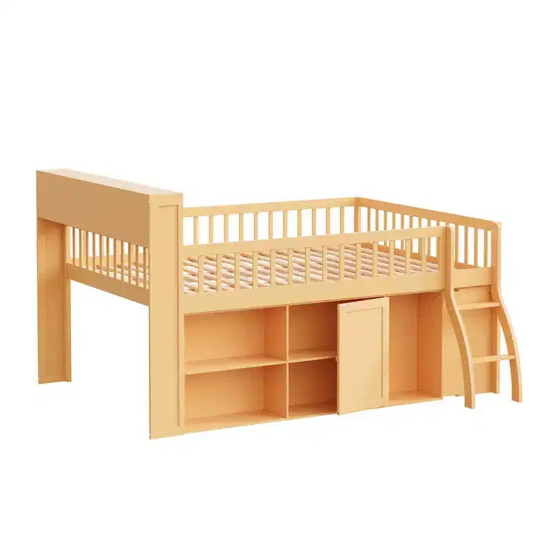 Lit mezzanine bas naturel/blanc avec tête de lit LED et rangement, grand lit/très grand lit, pour 1 personne