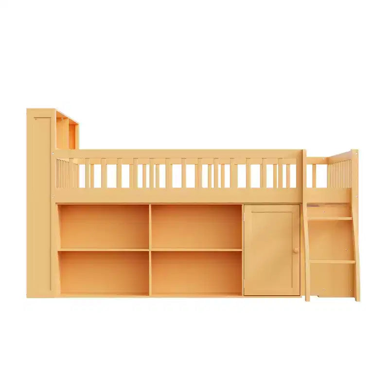 Lit mezzanine bas naturel/blanc avec tête de lit LED et rangement, grand lit/très grand lit, pour 1 personne