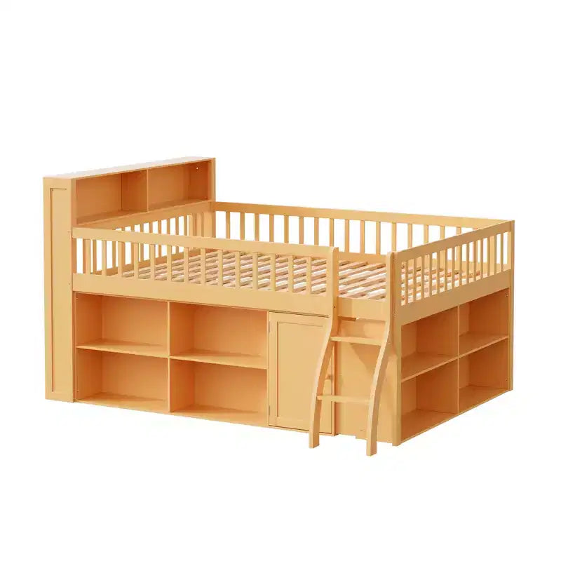 Lit mezzanine bas naturel/blanc avec tête de lit LED et rangement, grand lit/très grand lit, pour 1 personne