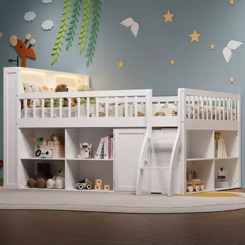 Lit mezzanine bas naturel/blanc avec tête de lit LED et rangement, grand lit/très grand lit, pour 1 personne