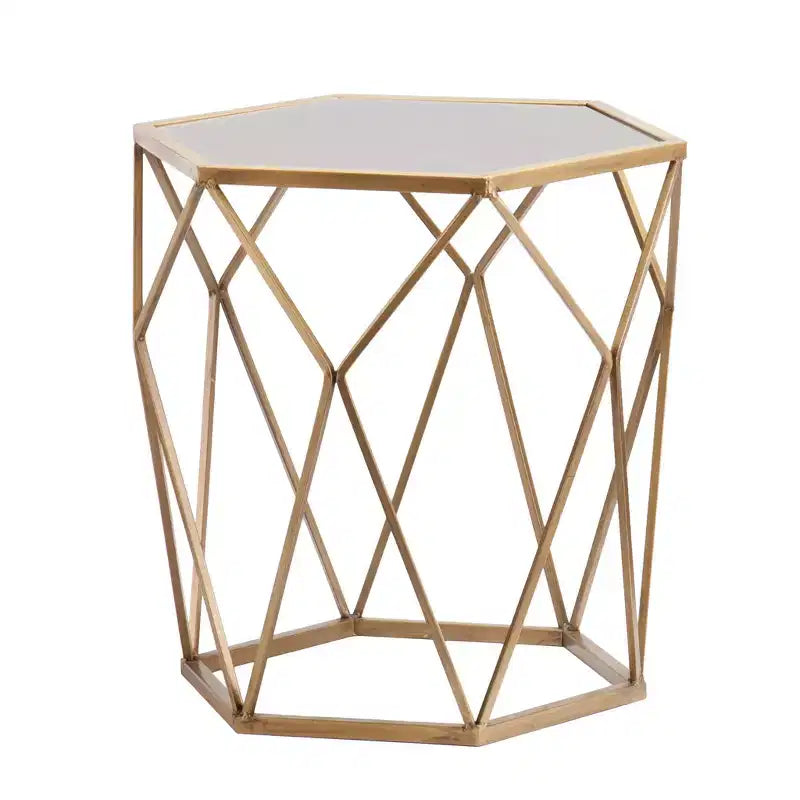 HomeRoots 19 Gold And Reflective Glass Hexagon Mirrored End Table