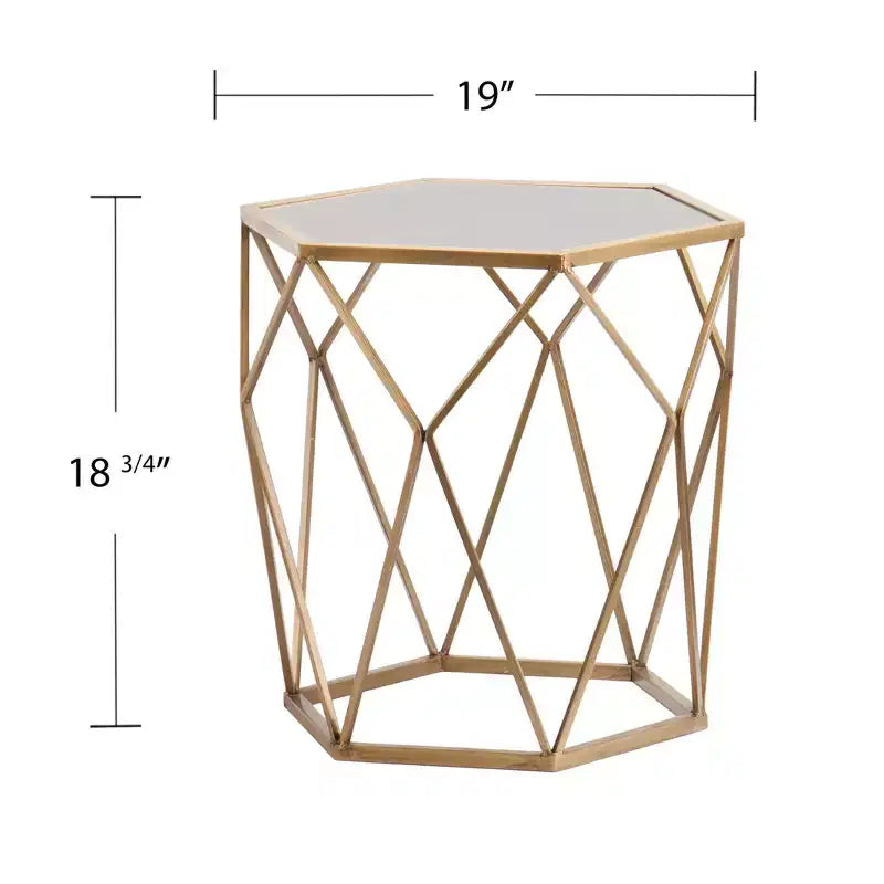 Table d'appoint hexagonale dorée avec plateau en verre, utilisation 1 personne