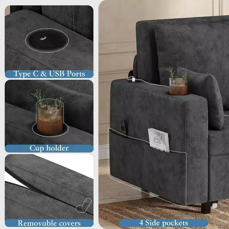 Canapé convertible 2 places 3-en-1 noir/gris