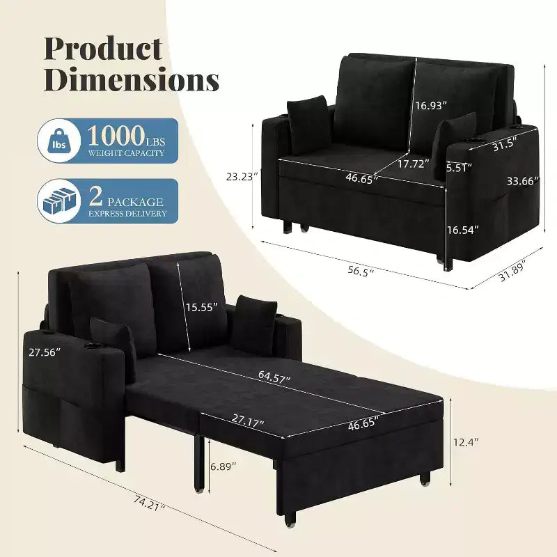 Canapé convertible 2 places 3-en-1 noir/gris