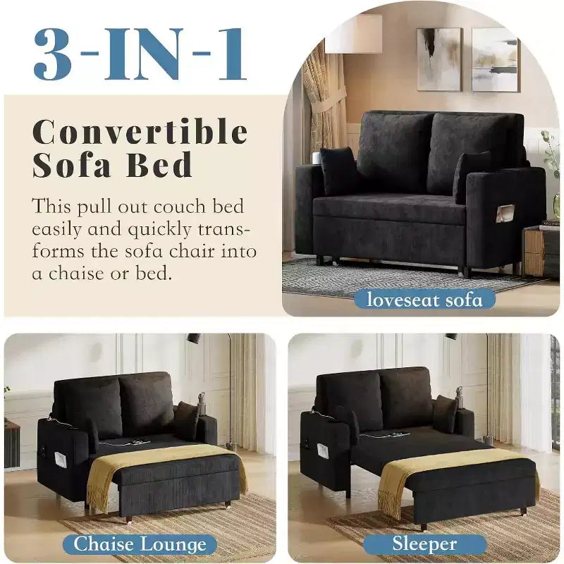 Canapé convertible 2 places 3-en-1 noir/gris