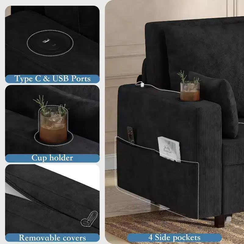 Canapé convertible 2 places 3-en-1 noir/gris
