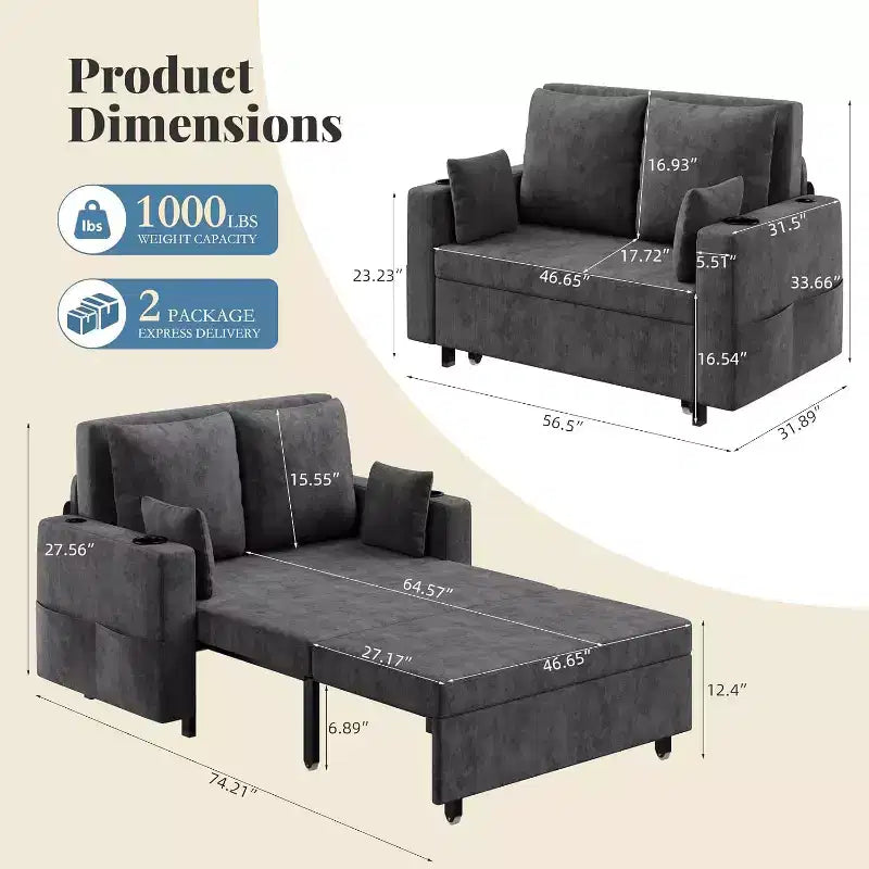 Canapé convertible 2 places 3-en-1 noir/gris