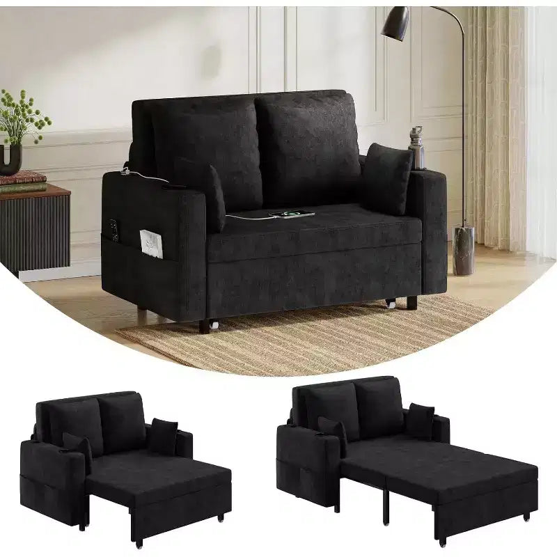 3 in 1 Pull Out Couch, Convertible Sleeper Sofa Bed, Loveseat Sofa Couch with Cup Holders, USB & Side Pocket, Includes Toss Pillows