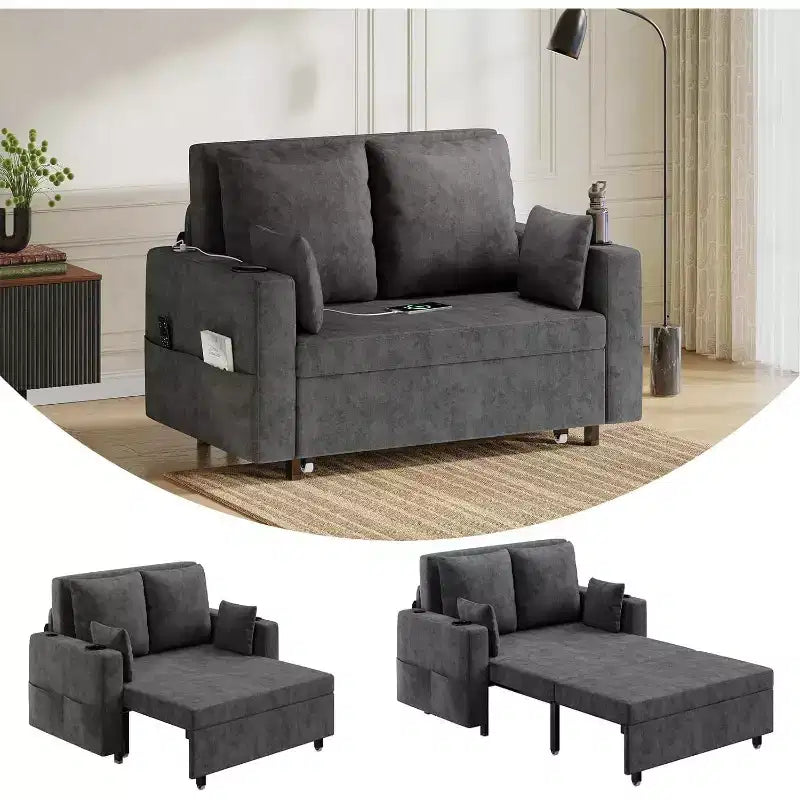 Canapé convertible 2 places 3-en-1 noir/gris