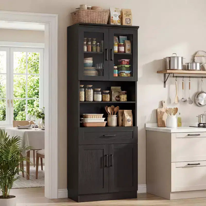 Meuble Haut de Cuisine Style Ferme Noir/Blanc avec Portes Vitrées et Tiroir, Montage par 1 personne