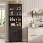 Meuble Haut de Cuisine Style Ferme Noir/Blanc avec Portes Vitrées et Tiroir, Montage par 1 personne
