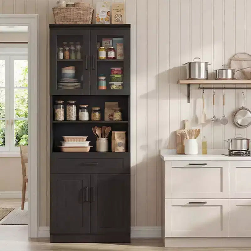 Meuble Haut de Cuisine Style Ferme Noir/Blanc avec Portes Vitrées et Tiroir, Montage par 1 personne