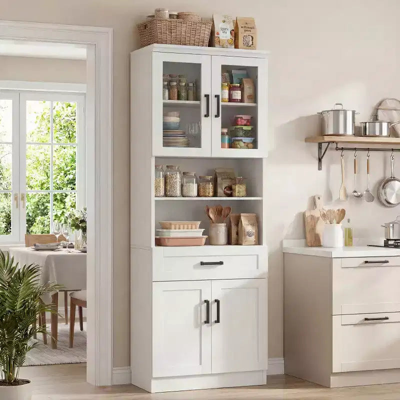 Meuble Haut de Cuisine Style Ferme Noir/Blanc avec Portes Vitrées et Tiroir, Montage par 1 personne
