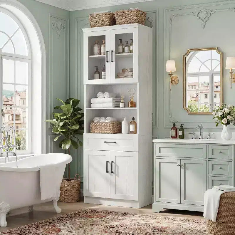 Meuble Haut de Cuisine Style Ferme Noir/Blanc avec Portes Vitrées et Tiroir, Montage par 1 personne