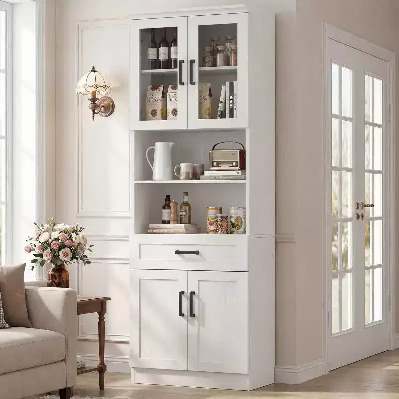 Meuble Haut de Cuisine Style Ferme Noir/Blanc avec Portes Vitrées et Tiroir, Montage par 1 personne