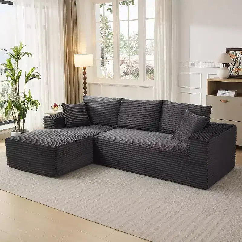 Canapé modulable en velours côtelé en L 2 places, Beige / Noir / Gris foncé / Vert olive