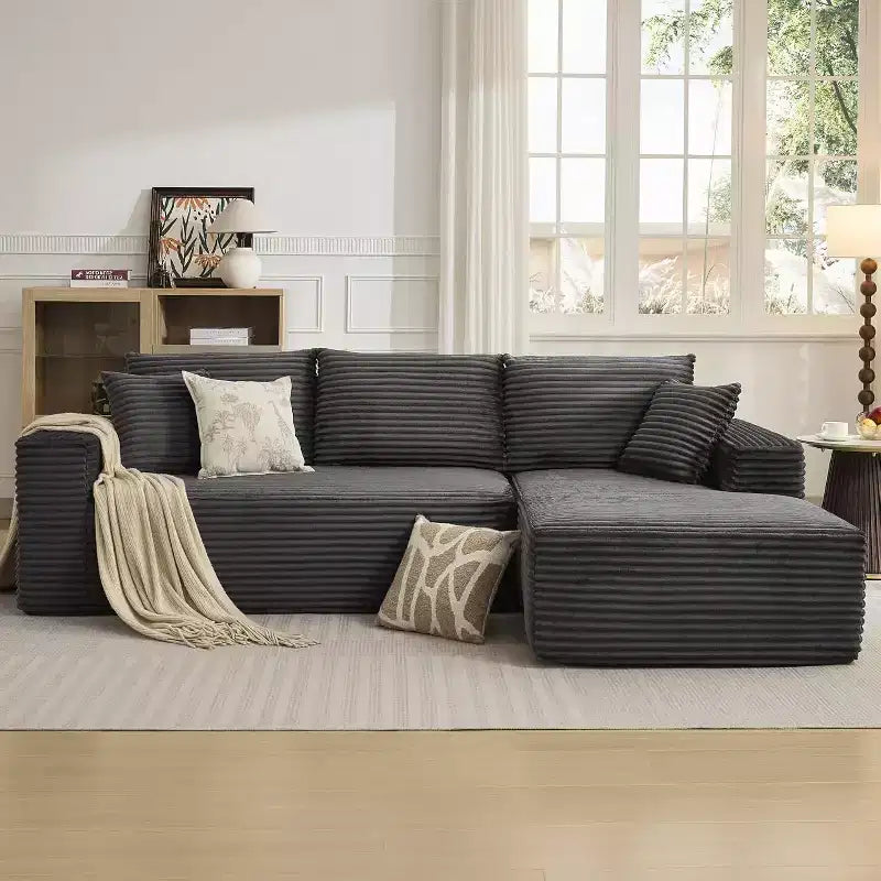 Canapé modulable en velours côtelé en L 2 places, Beige / Noir / Gris foncé / Vert olive