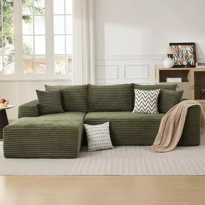 Canapé modulable en velours côtelé en L 2 places, Beige / Noir / Gris foncé / Vert olive