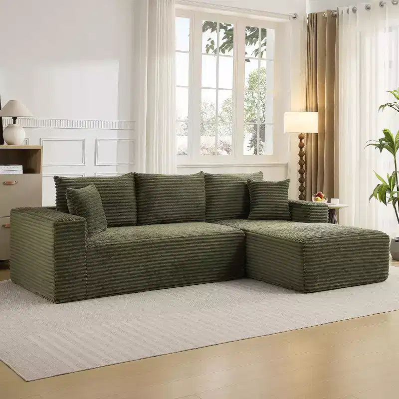 Canapé modulable en velours côtelé en L 2 places, Beige / Noir / Gris foncé / Vert olive