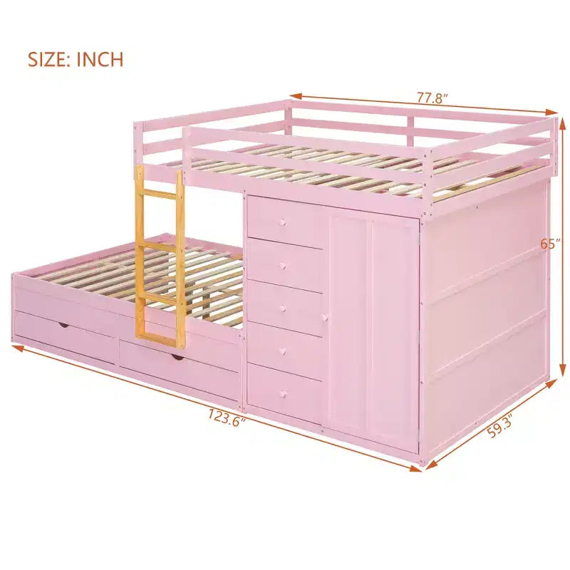 Lit superposé double avec rangement – Vert / Rose / Blanc, 2 places