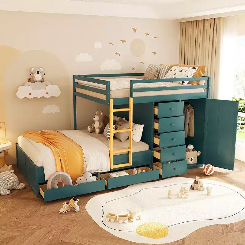 Lit superposé double avec rangement – Vert / Rose / Blanc, 2 places