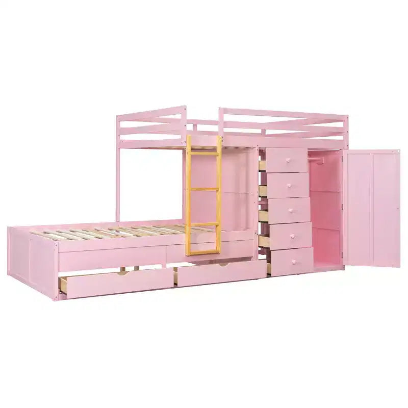 Lit superposé double avec rangement – Vert / Rose / Blanc, 2 places