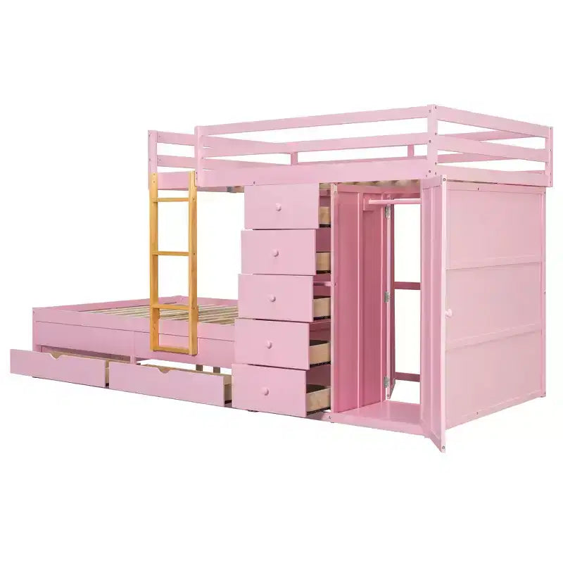 Lit superposé double avec rangement – Vert / Rose / Blanc, 2 places