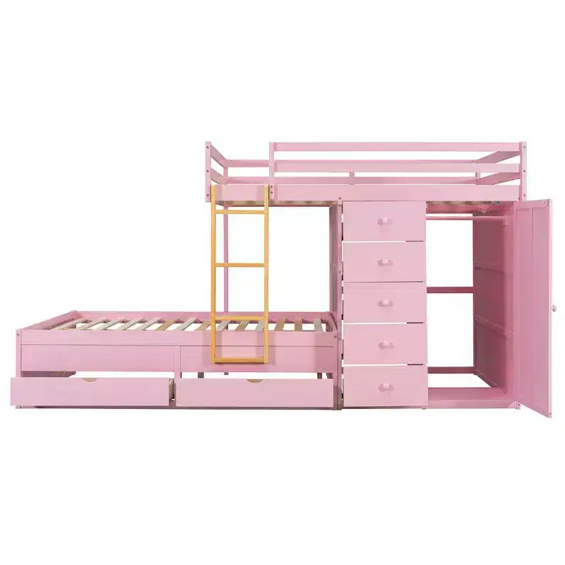 Lit superposé double avec rangement – Vert / Rose / Blanc, 2 places