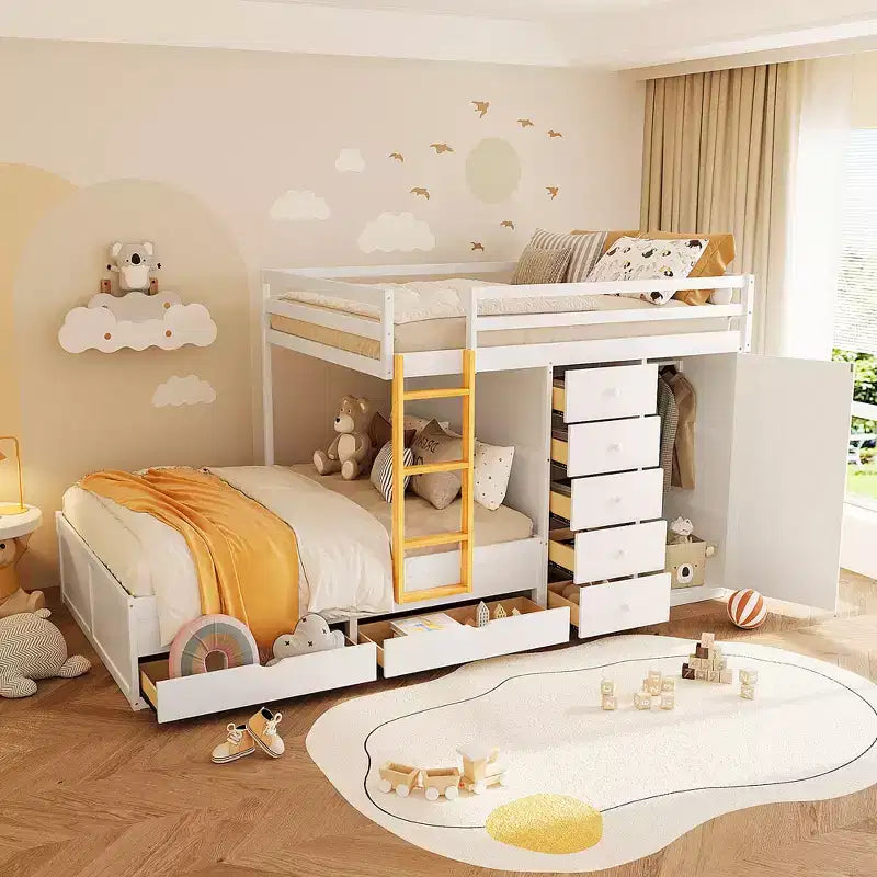 Lit superposé double avec rangement – Vert / Rose / Blanc, 2 places