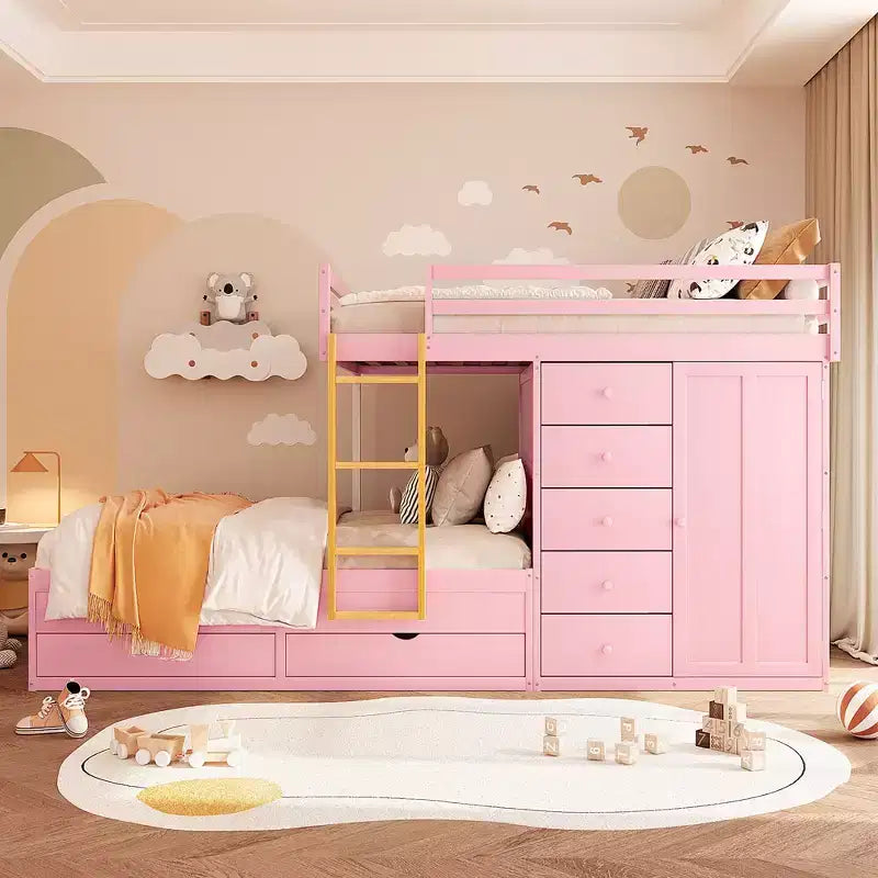 Lit superposé double avec rangement – Vert / Rose / Blanc, 2 places
